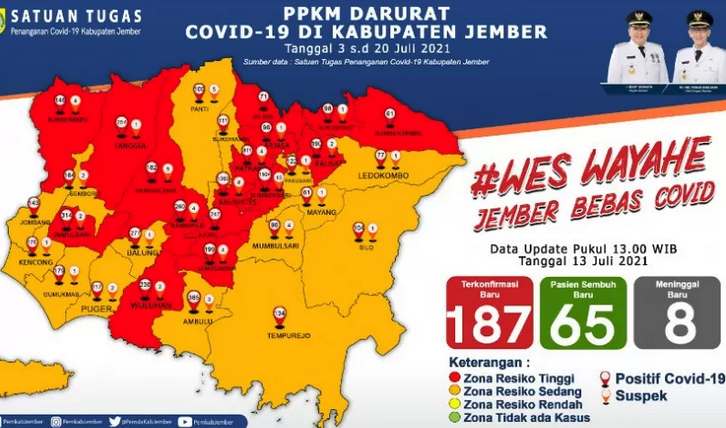 Peta sebaran COVID-19 di Kabupaten Jember pada 13 Juli 2021