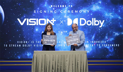 Clarissa Tanoesoedibjo, Managing Director Vision+ bersama Pankaj Kedia, Managing Director, Emerging Markets Dolby Laboratories . (foto : indoposnews/ist/vision+)