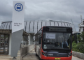 Bus Metrotrans melintas di kawasan Halte Jakartas International Stadium (JIS), Jakarta, Selasa (1/3/2022).