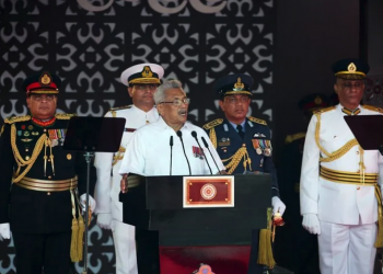 Presiden Sri Lanka Gotabaya Rajapaksa berpidato pada perayaan Hari Kemerdekaan Sri Lanka di Kolombo pada 4 Februari 2022. (Xinhua/Ajith Perera)