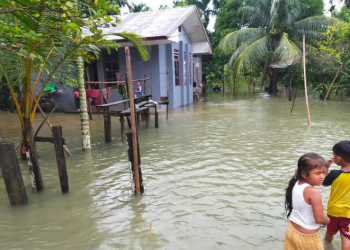 Rumah warga tergenang banjir dikawasan Desa Sabet Kecamatan Jaya Kabupaten Aceh Jaya, Selasa (2/8/2022).