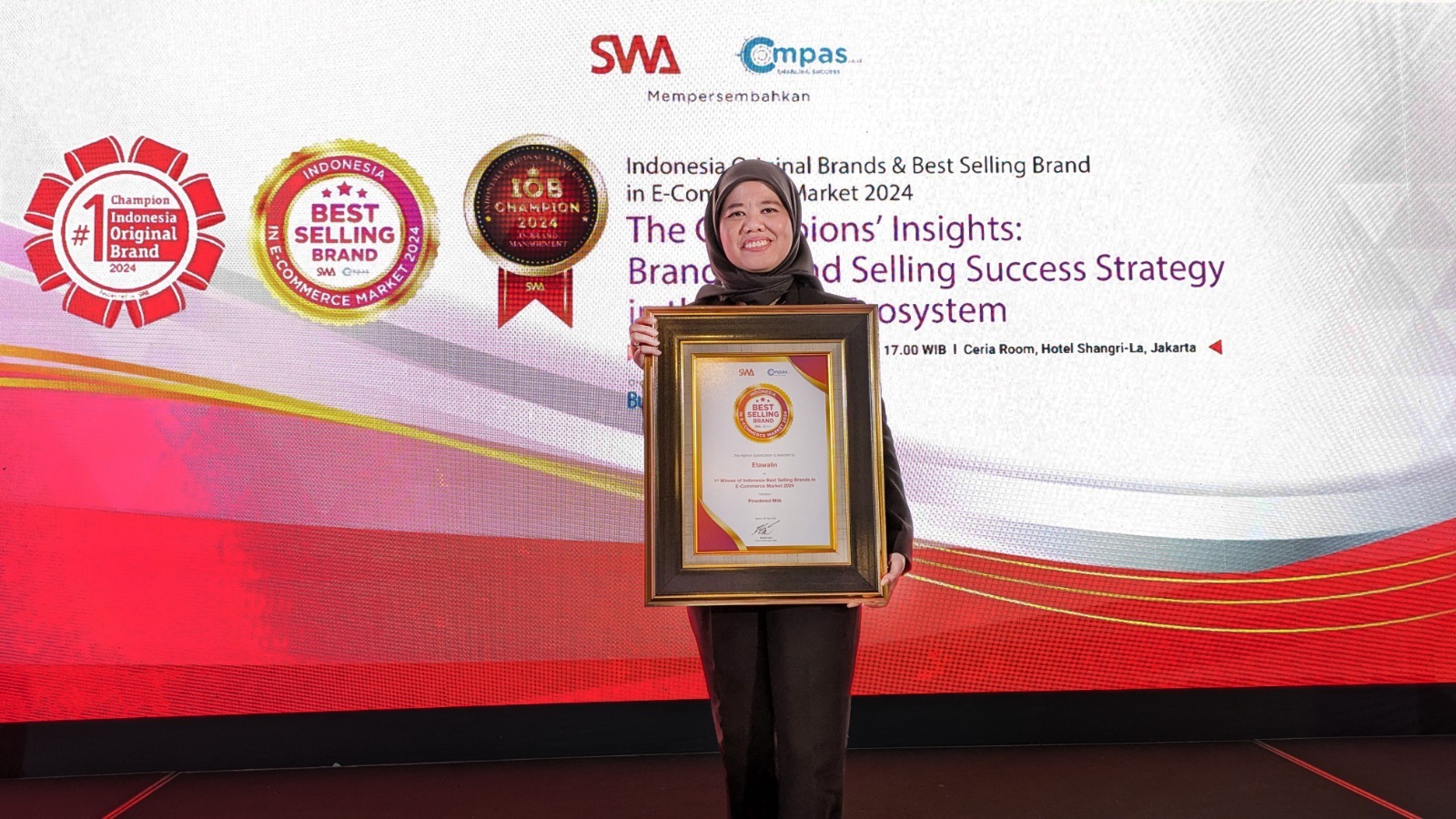 Etawalin Raih Penghargaan Bergengsi sebagai 1st Winner of Indonesia Best Selling Brand di E-Commerce Market 2024 Kategori Susu Bubuk. (ist)